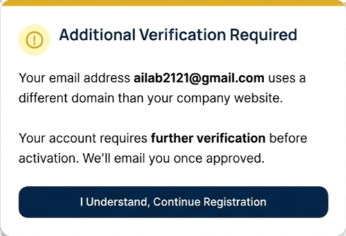 ACRA domain verification dialog showing additional verification required for employer registration