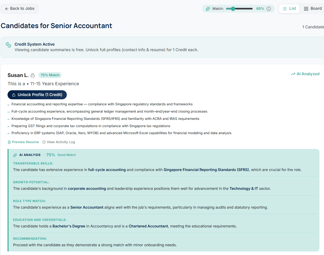 Candidate list showing AI match scores, skills summary and unlock profile button