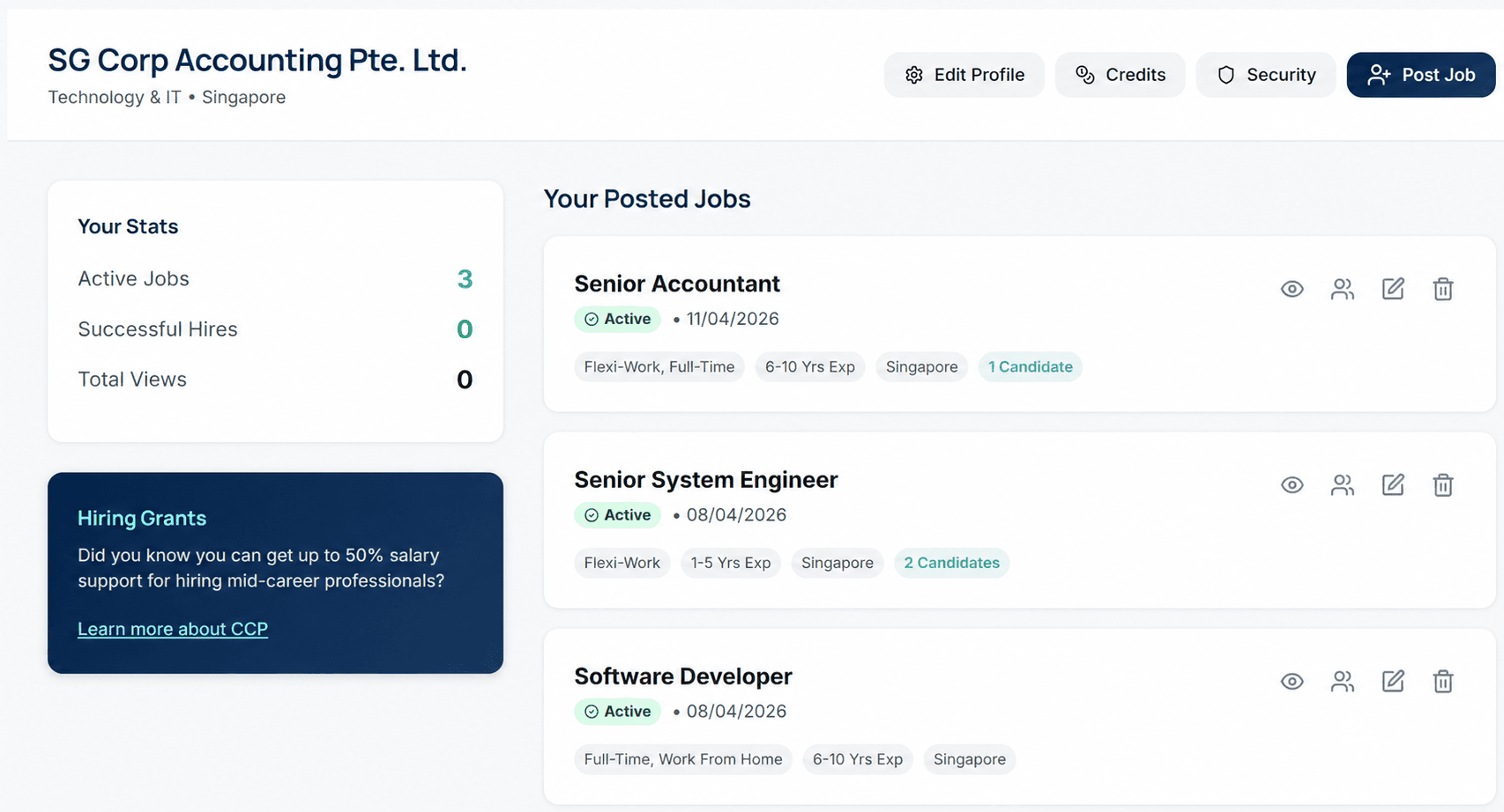 Employer dashboard showing posted jobs, active stats and job management
