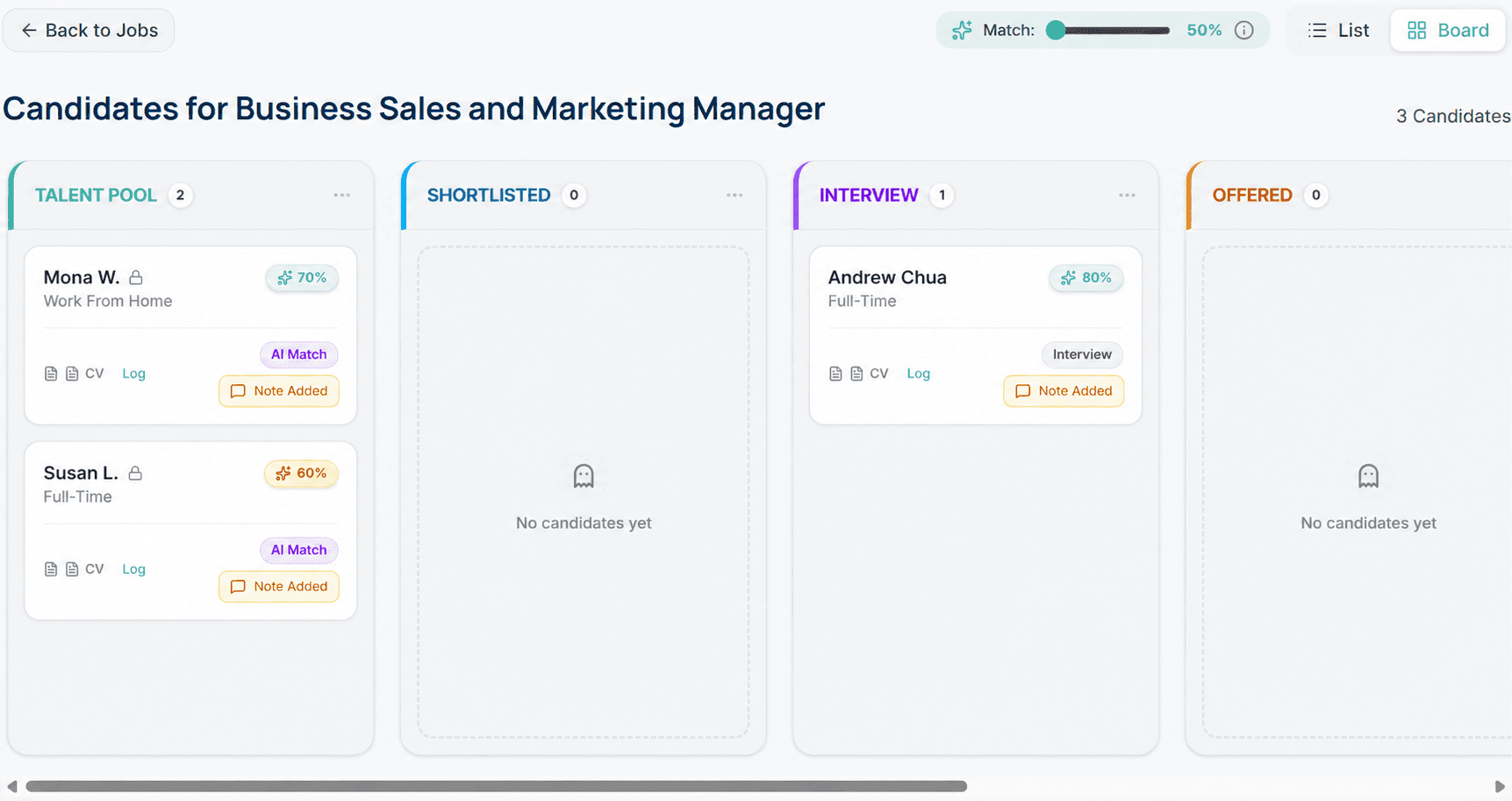 Kanban hiring pipeline board showing candidates at different stages with AI match scores